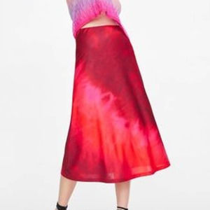 Zara Women's Small A-Line Midi Skirt ~ Red & Pink Tie Dye Beachy Swingy